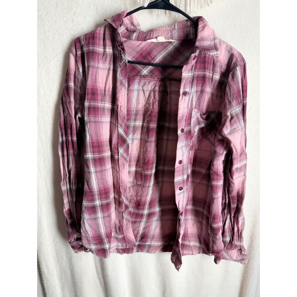 Vanilla Sky Pink Plaid Flannel Button Up Shirt Womens Medium Long Sleeve